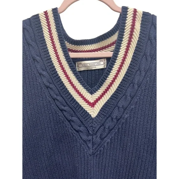 John Ashford Sweater Mens Size M Navy Blue Vintage V-Neck Striped Trim Preppy - Picture 2 of 5